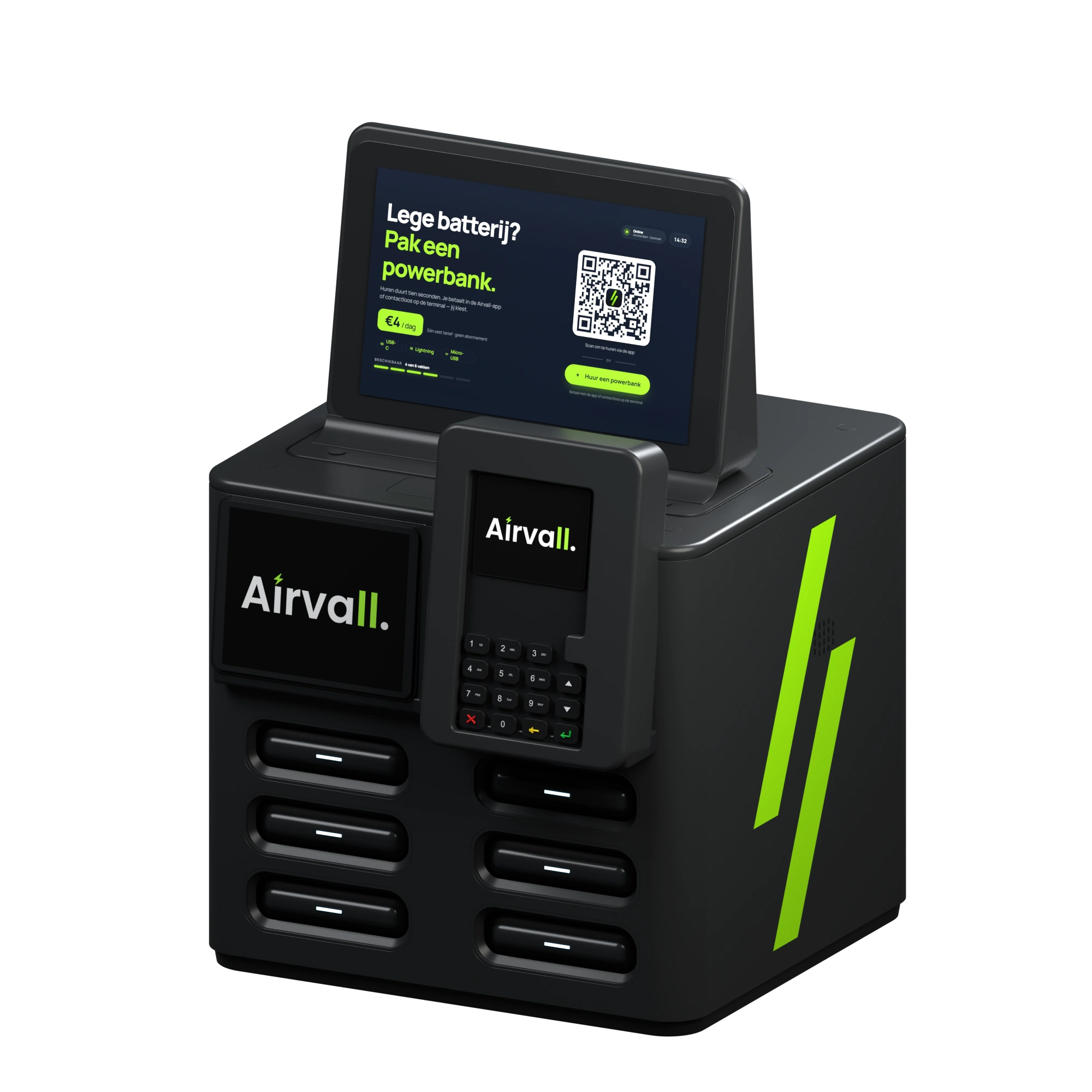 Airvall-terminal met zes vakken, betaalterminal en het huurscherm