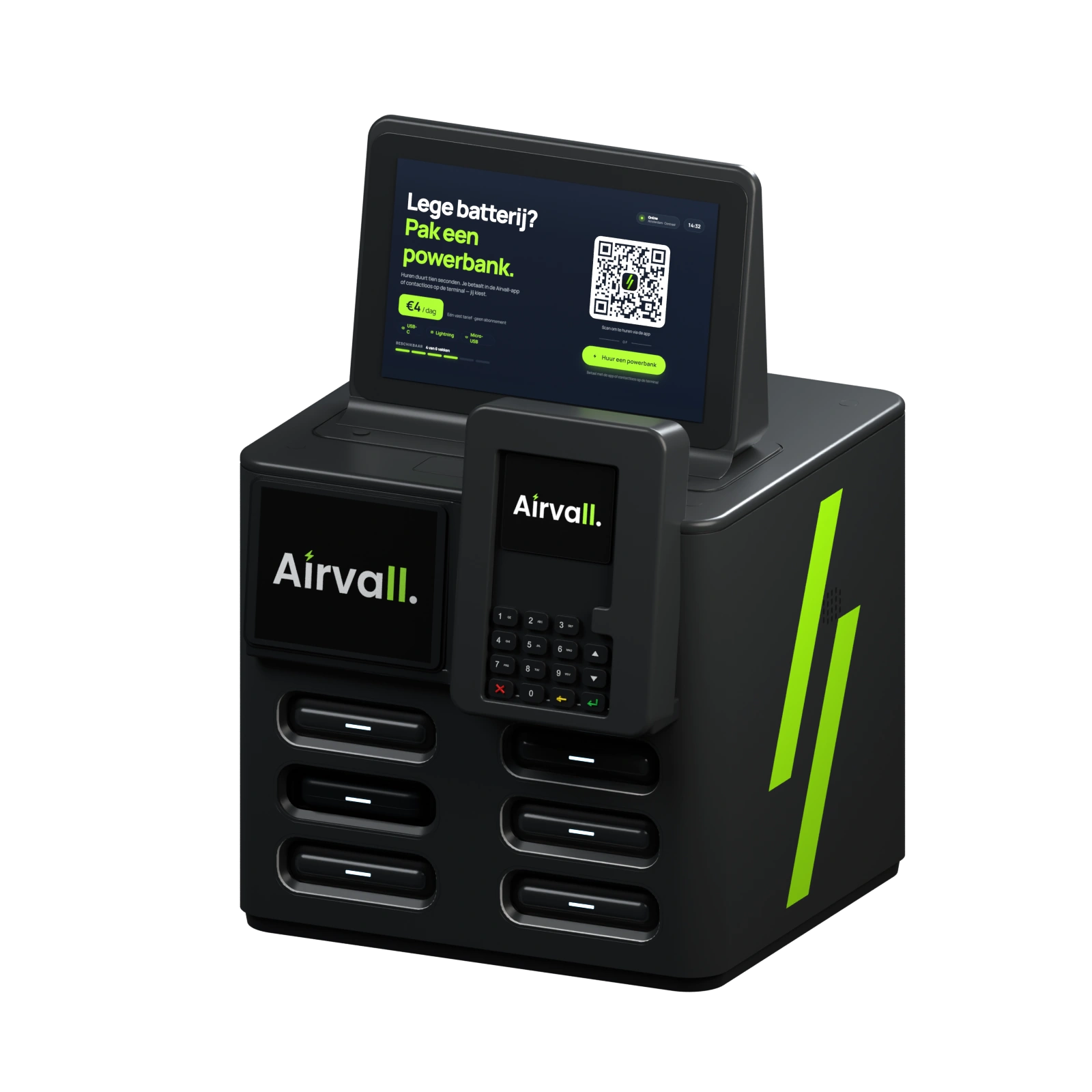 Een powerbank wordt uit de terminal genomen