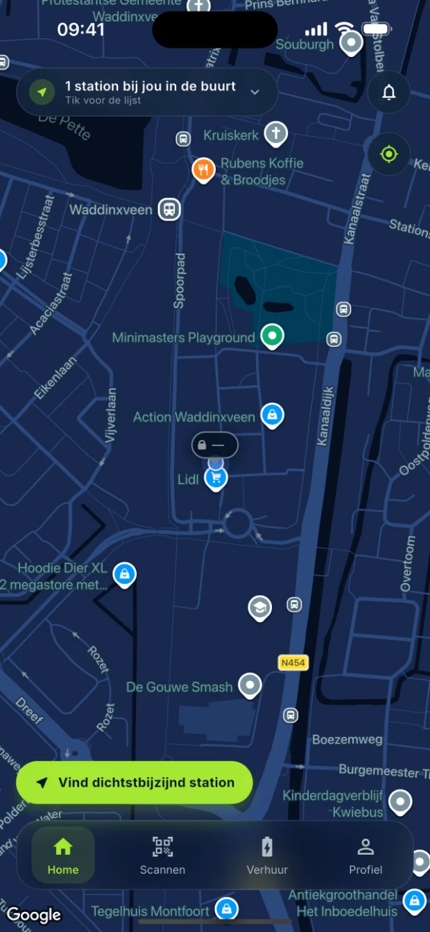 Kaartscherm in de Airvall-app met terminals in de buurt