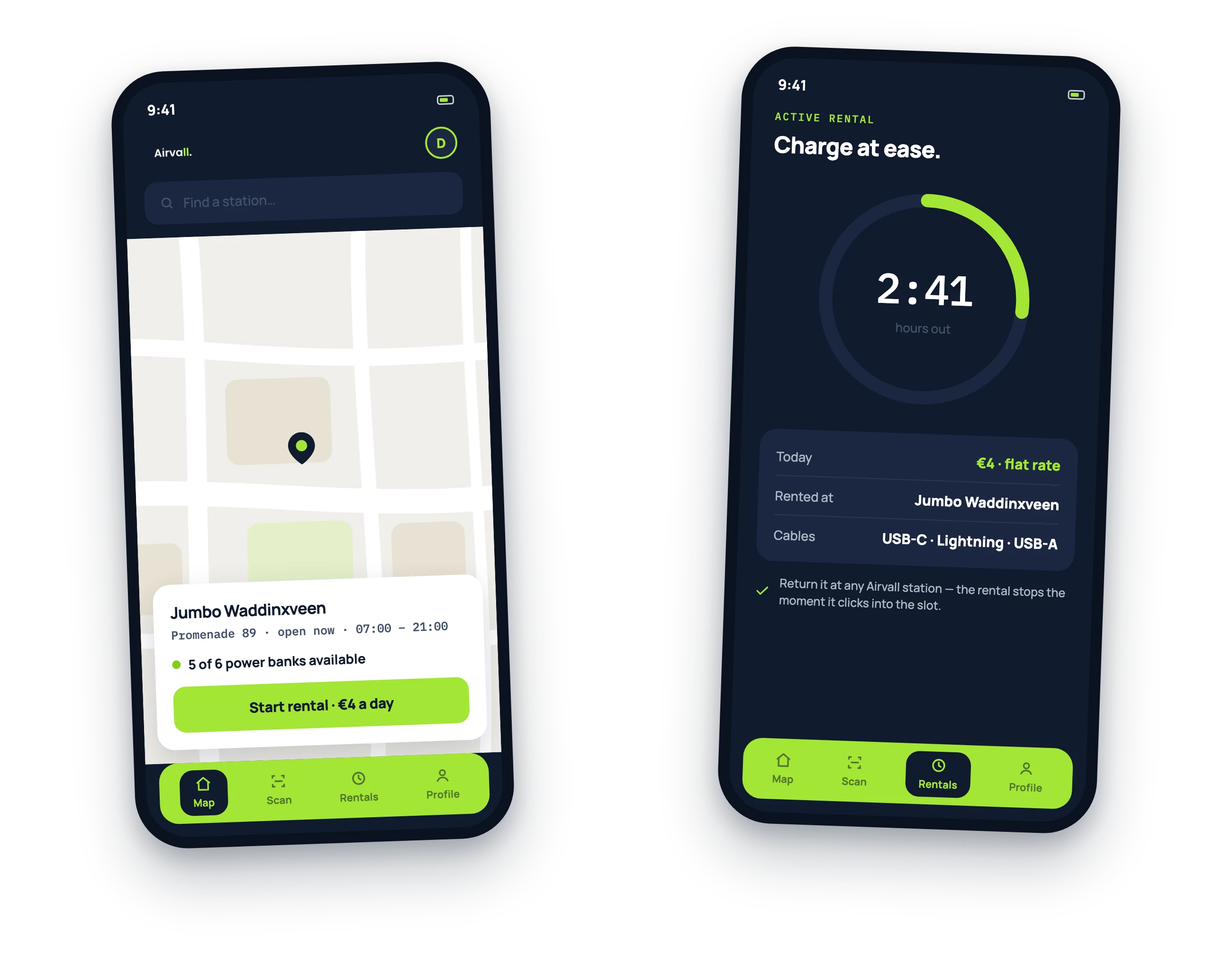 Two app screens: the map with the station at Jumbo Waddinxveen, and an active rental at the flat €4 day rate.