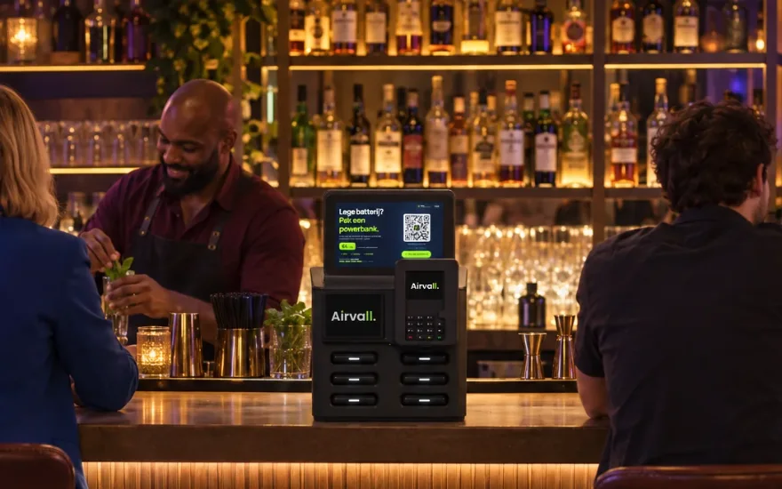 Sfeerbeeld: een Airvall-terminal op de bar van een druk café