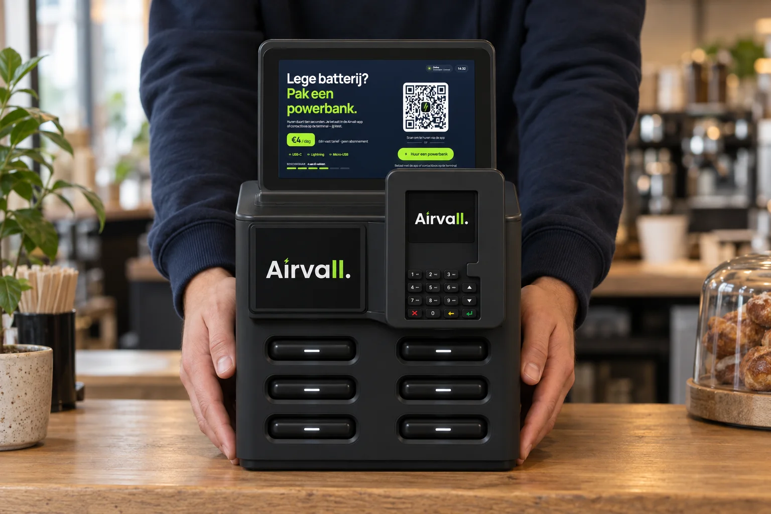 Een Airvall-terminal wordt op de bar van een zaak gezet