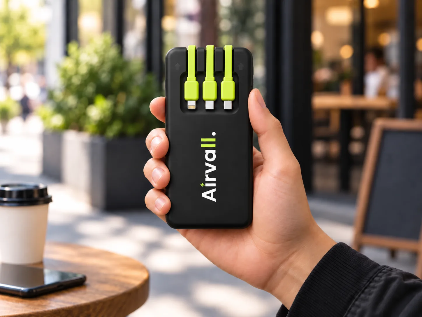 Airvall-powerbank in een hand op een terras, met de drie ingebouwde kabels uitgeklapt.