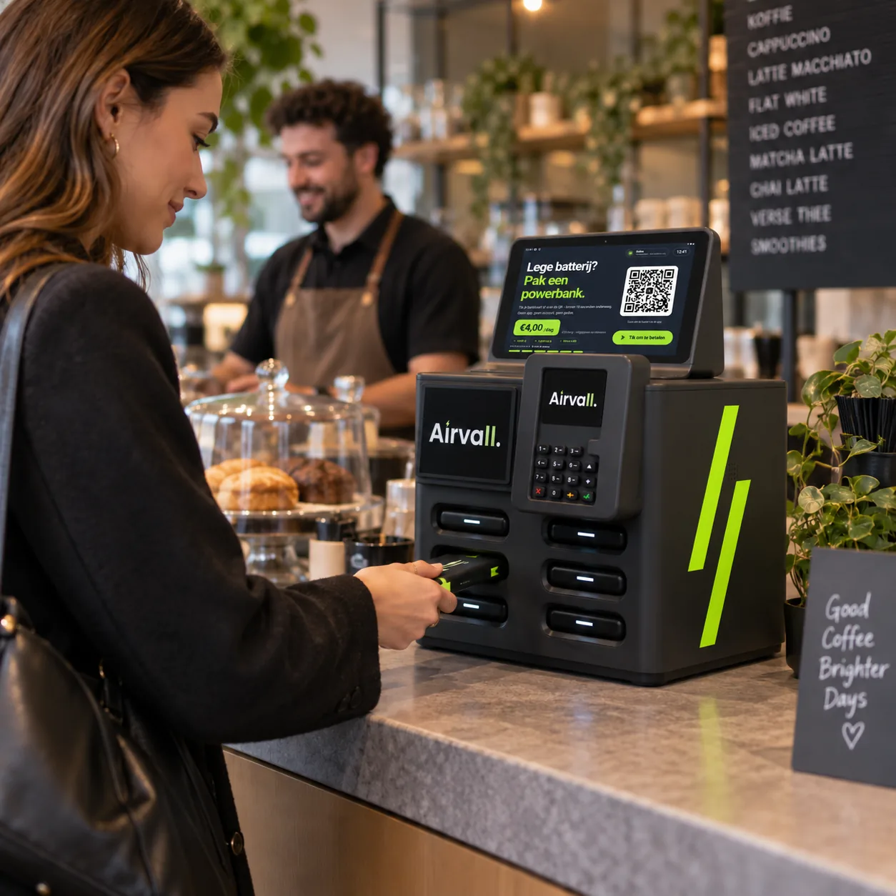 Airvall-terminal op de bar van een koffiezaak: een gast haalt een powerbank uit een slot, de eigenaar staat op de achtergrond.